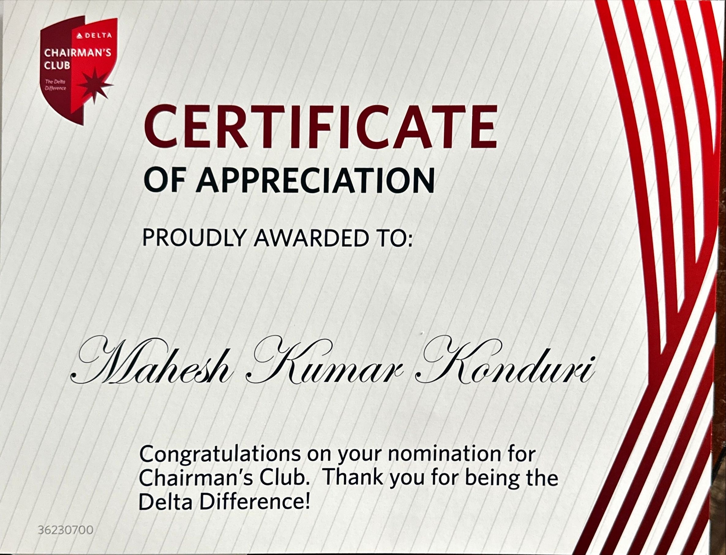 Delta Chairman's Club Certificate